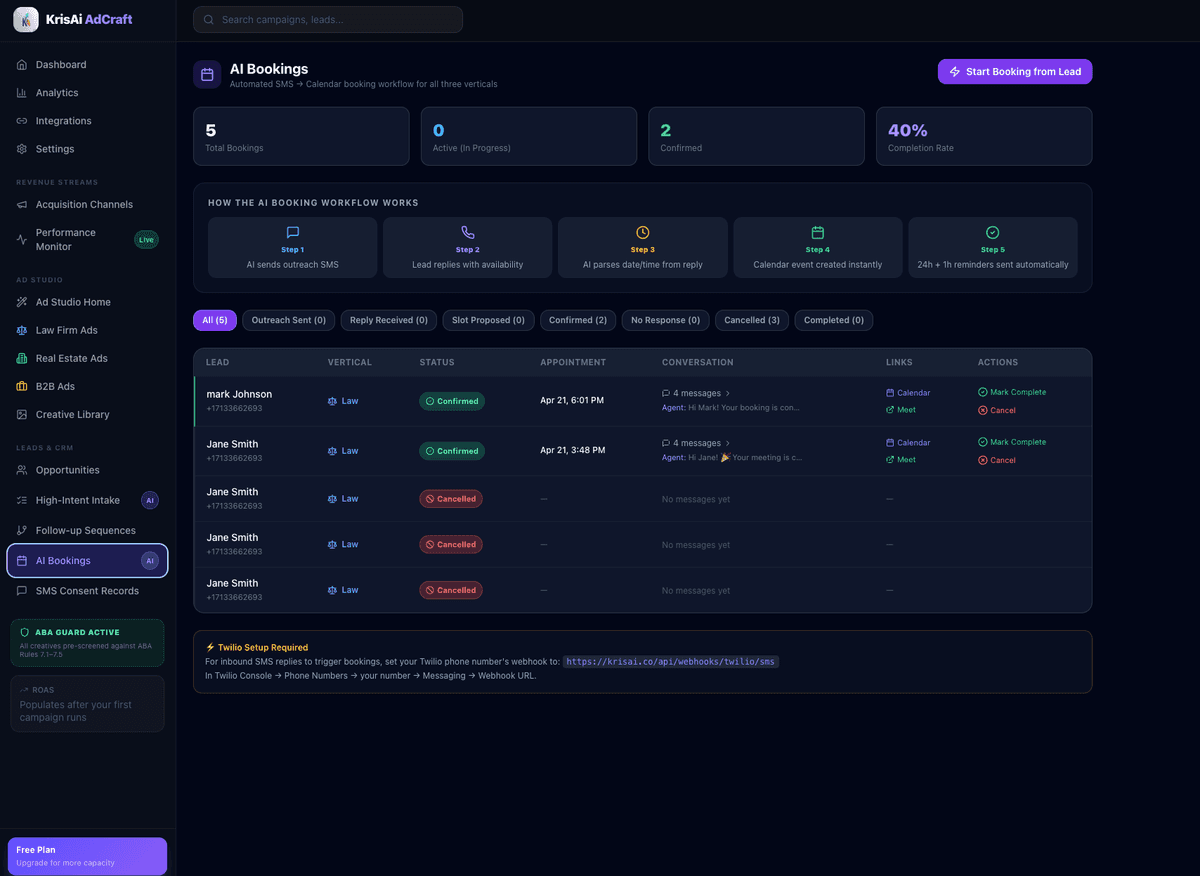 krisAi AdCraft AI bookings — automated lead-to-calendar workflow with booking status tracking