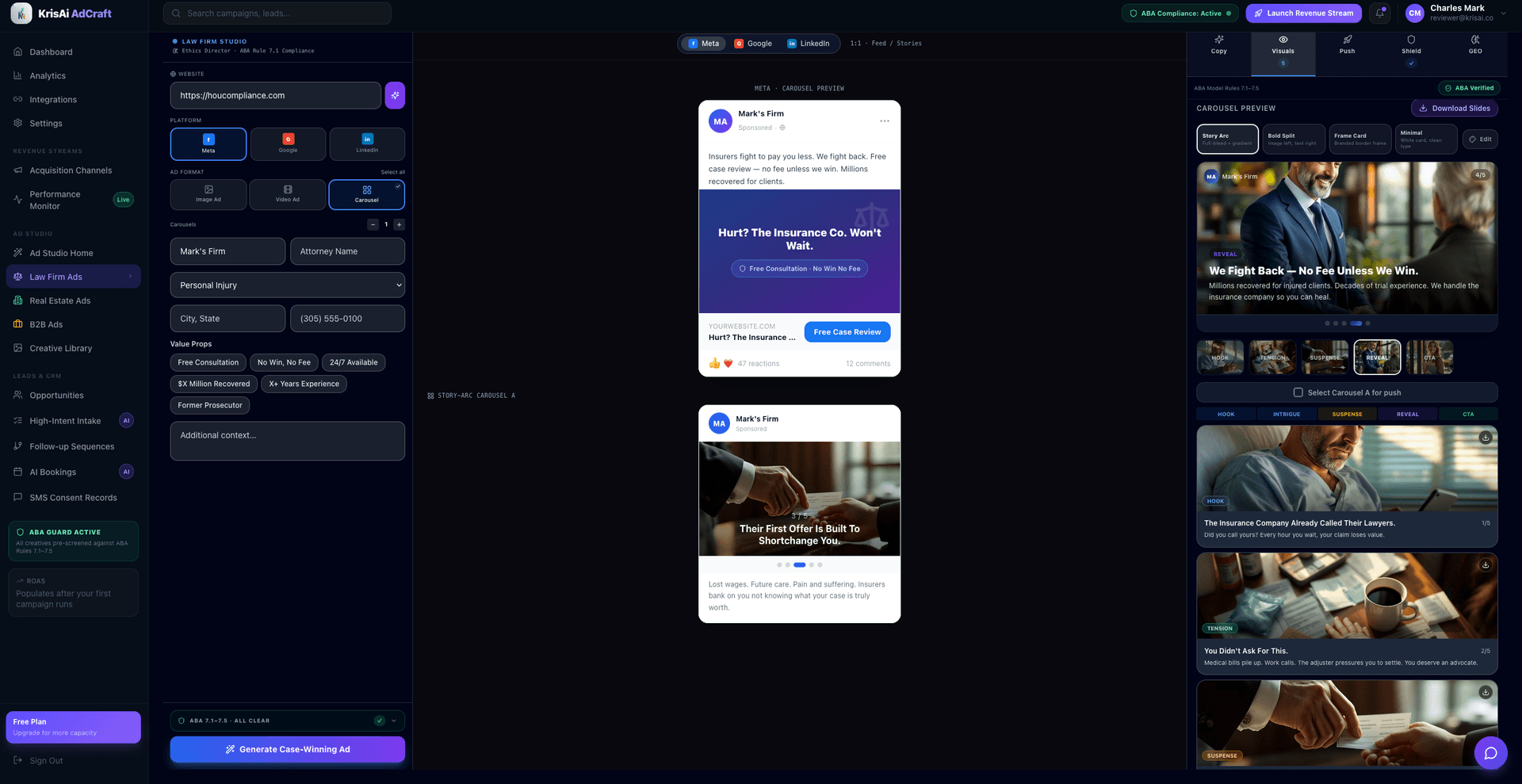 krisAi AdCraft ad studio — generating a carousel ad for a law firm with Meta, Google, and LinkedIn targeting