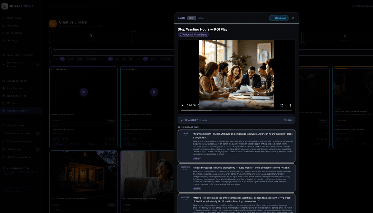 krisAi AdCraft video ad generation — AI script with OpenAI TTS voiceover and animated preview